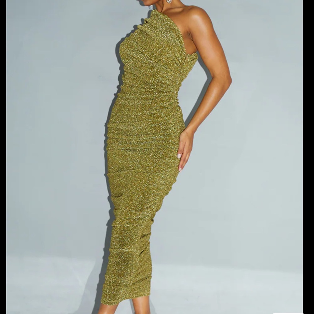 Gold Glitter Plisse Ruched Midi Dress